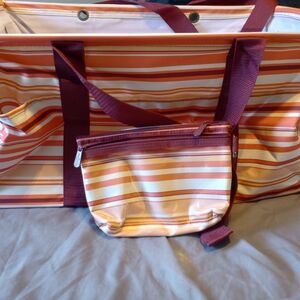 Bundle Deluxe Thirty One Striped Orange and Purple Tote Bag Set